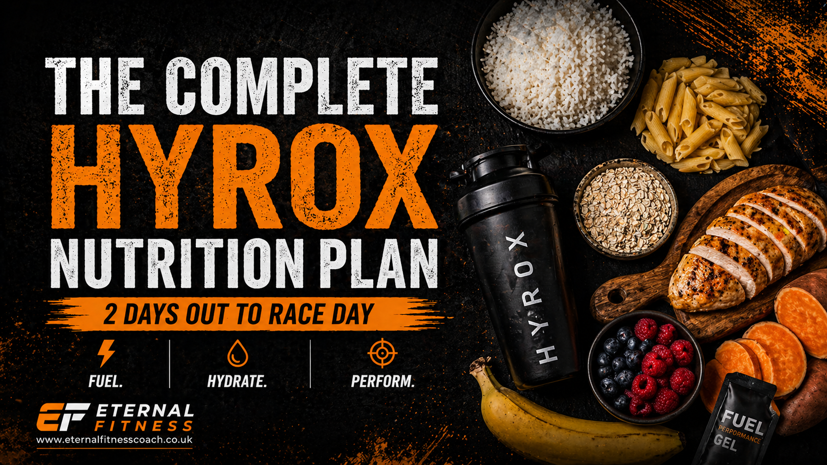 HYROX nutrition plan infographic featuring carb loading foods, race day fueling and hydration strategy for peak performance